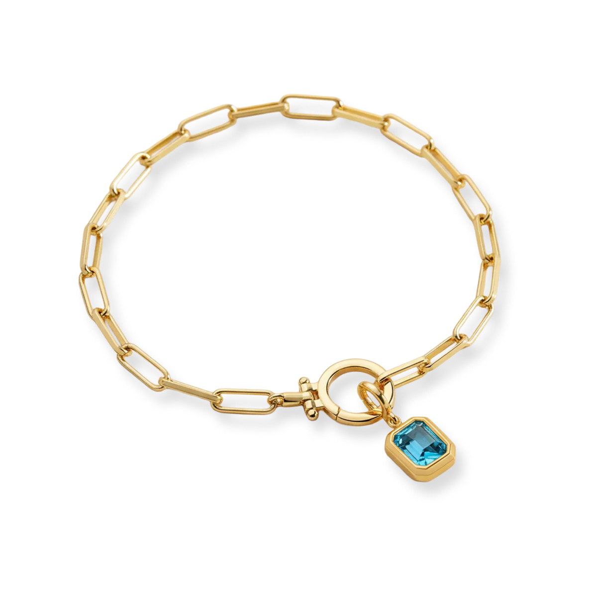 Baguette Birthstone Charm on Mint Paperclip Bracelet