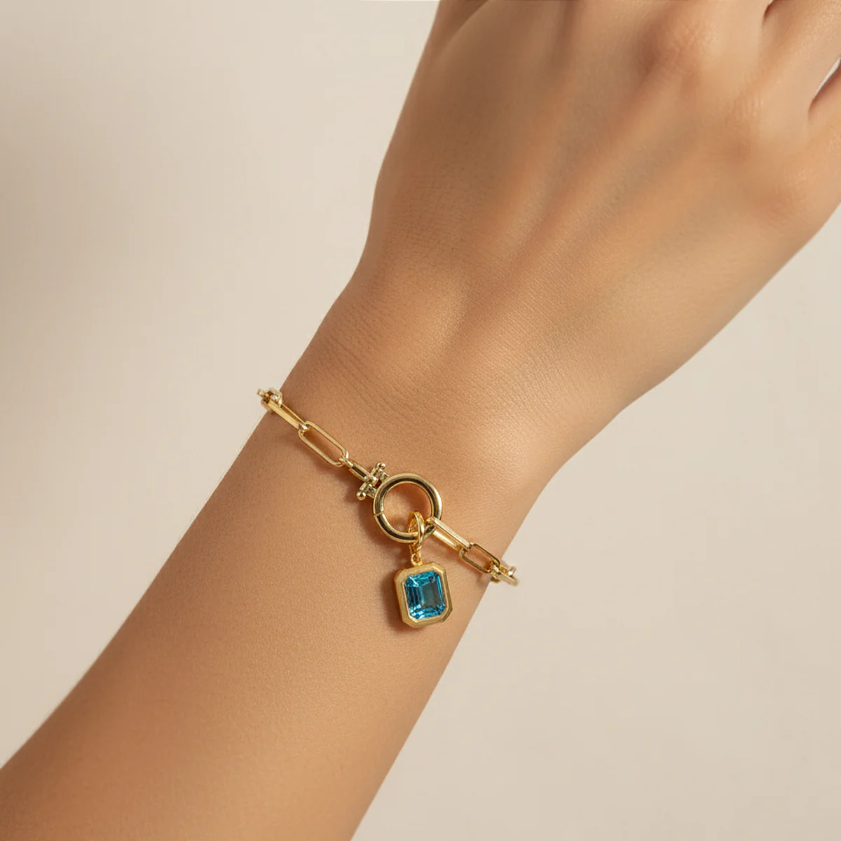 Baguette Birthstone Charm on Mint Paperclip Bracelet - Image 2