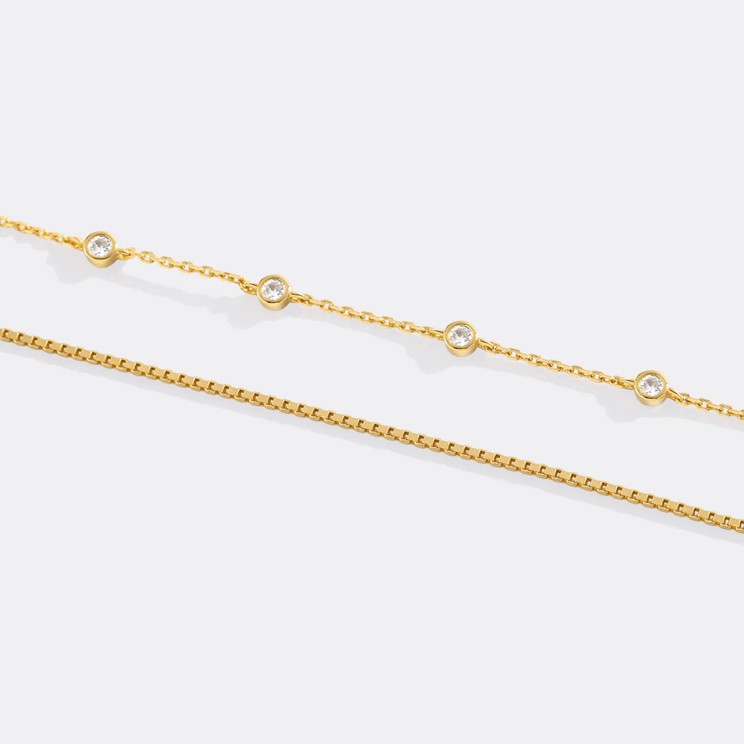 Bezel Set Diamond Bracelet and Box Chain Bracelet Stacking Set - Image 10