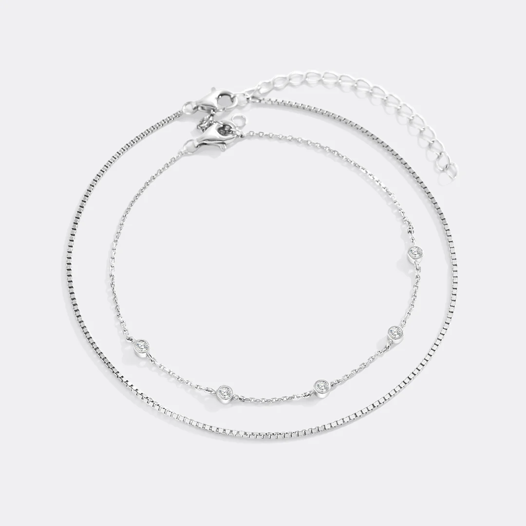 Bezel Set Diamond Bracelet and Box Chain Bracelet Stacking Set - Image 11