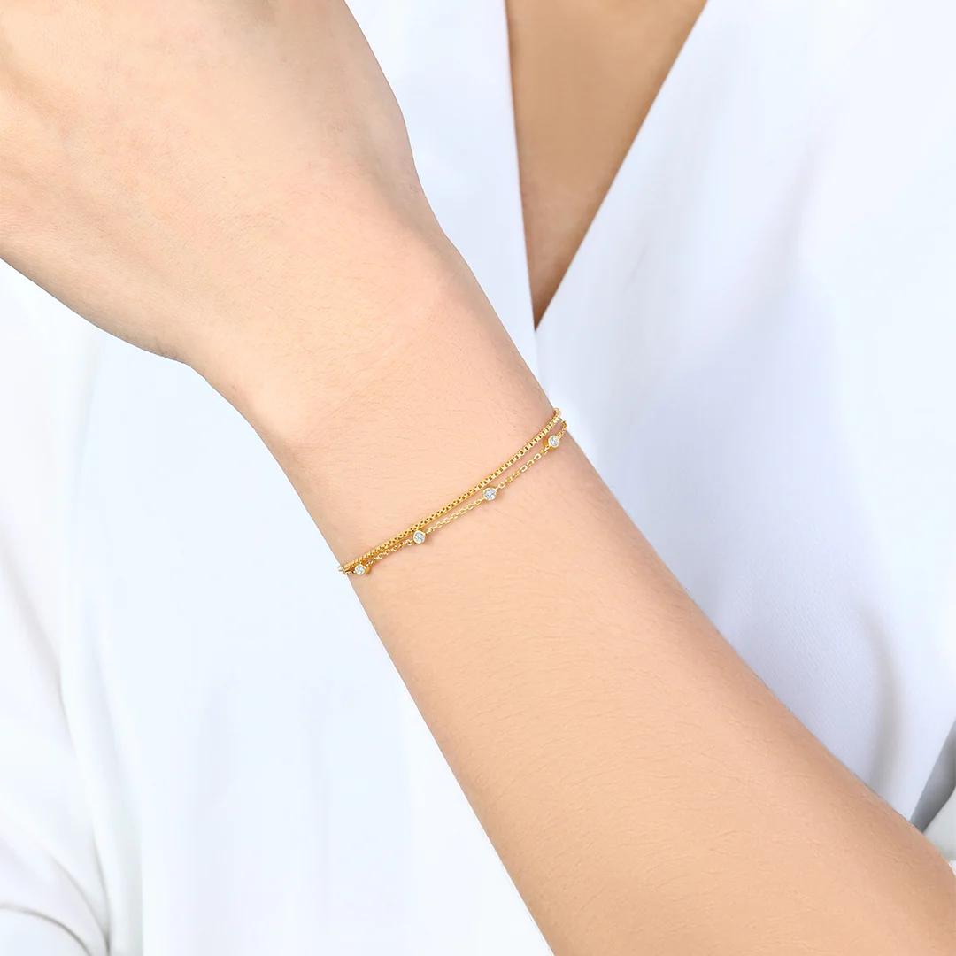 Bezel Set Diamond Bracelet and Box Chain Bracelet Stacking Set - Image 9