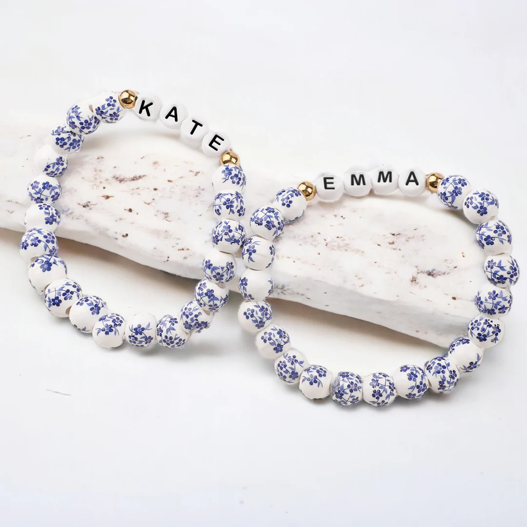 Custom Name Blue Porcelain Floral Beaded Bracelet - Image 21