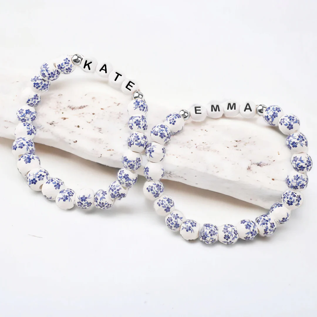 Custom Name Blue Porcelain Floral Beaded Bracelet - Image 23