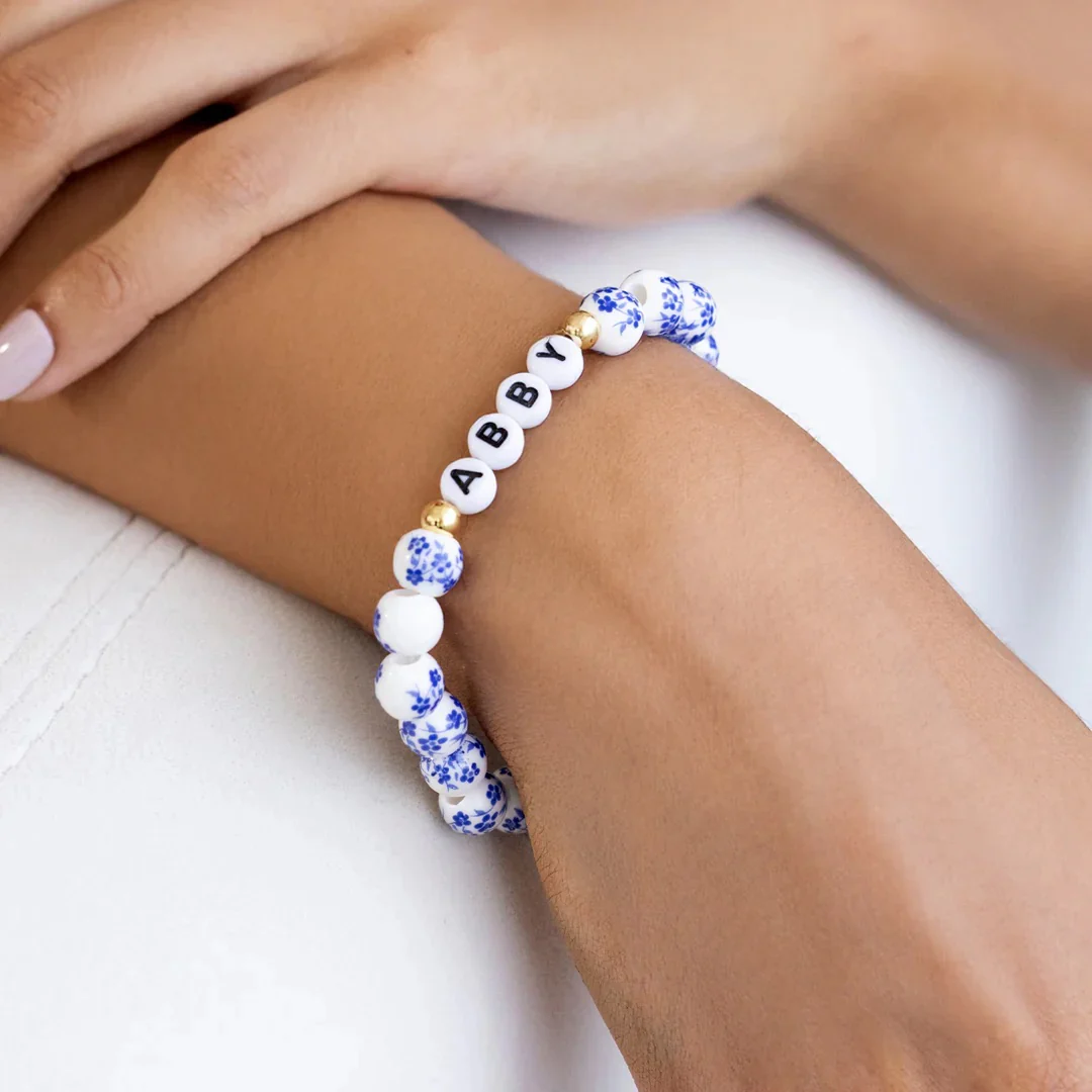 Custom Name Blue Porcelain Floral Beaded Bracelet - Image 24