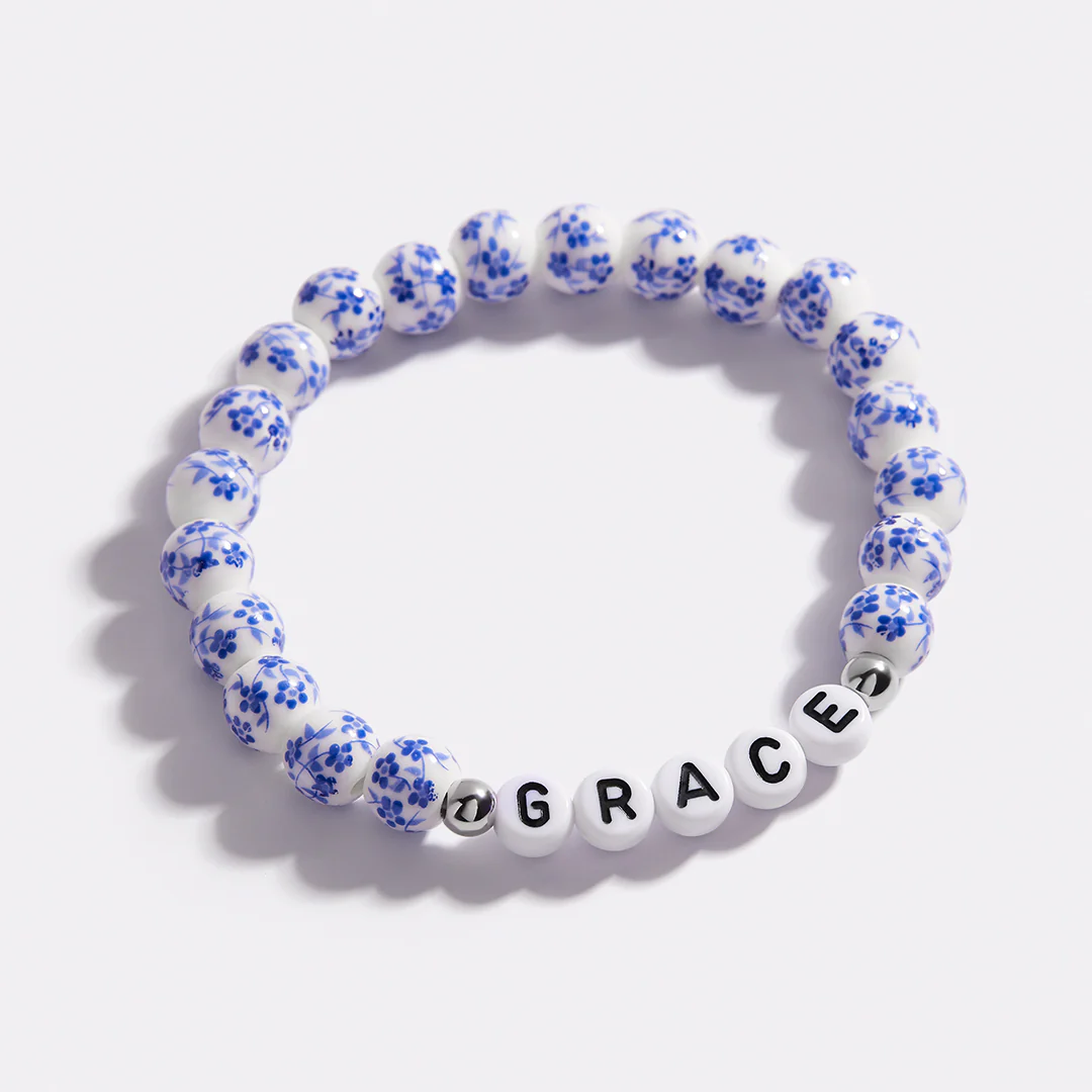 Custom Name Blue Porcelain Floral Beaded Bracelet - Image 30