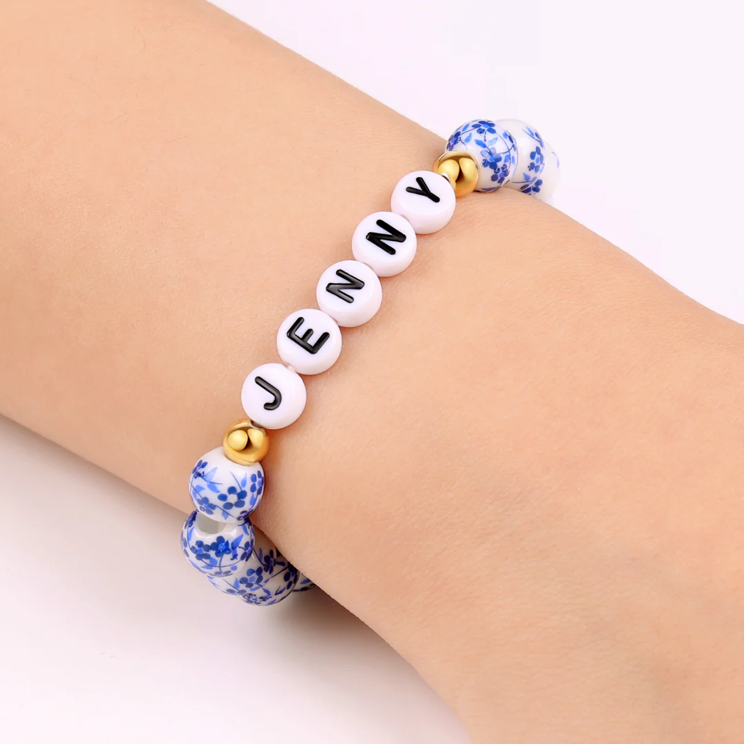 Custom Name Blue Porcelain Floral Beaded Bracelet - Image 7