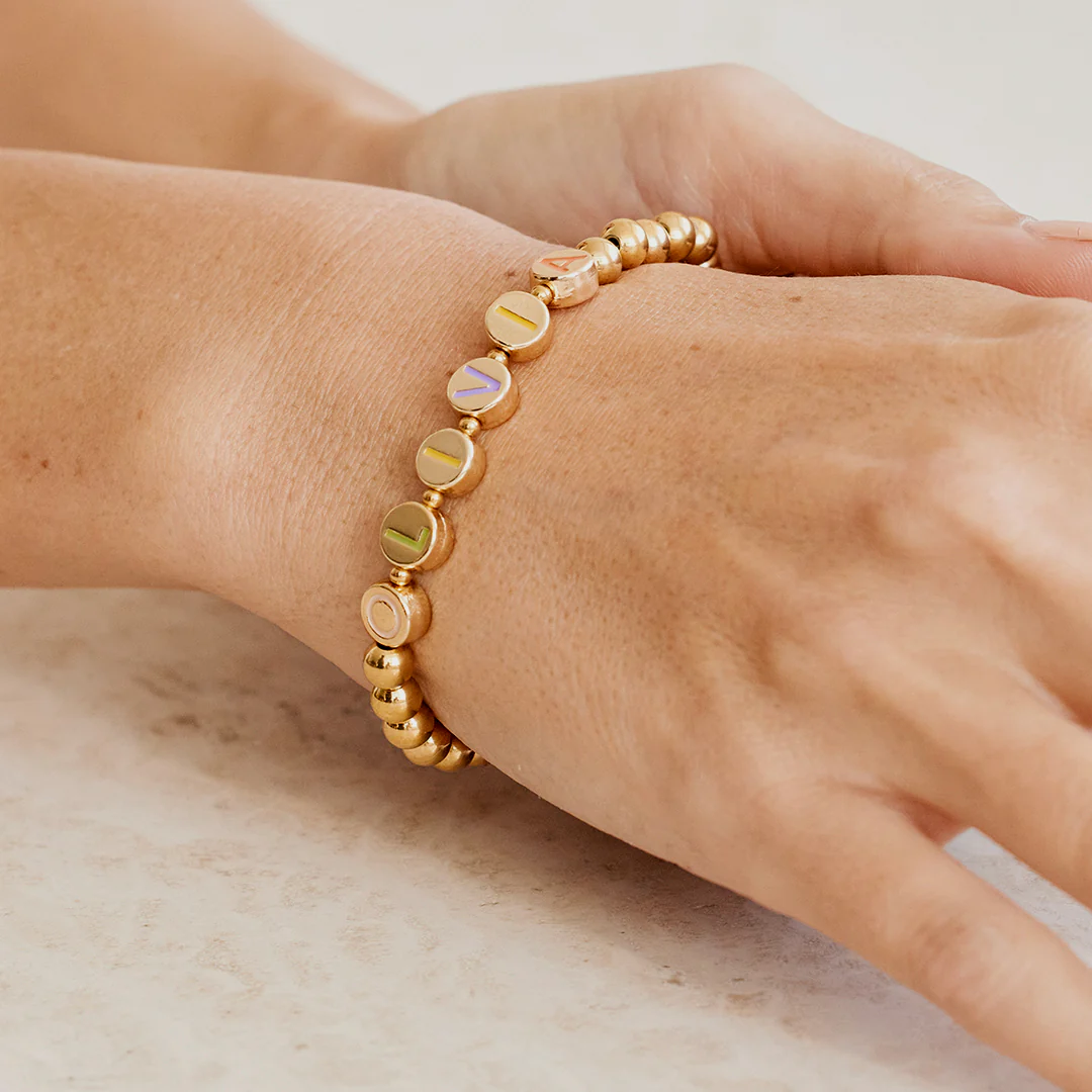 Custom Rainbow Letter Gold Disc Beaded Bracelet - Image 17