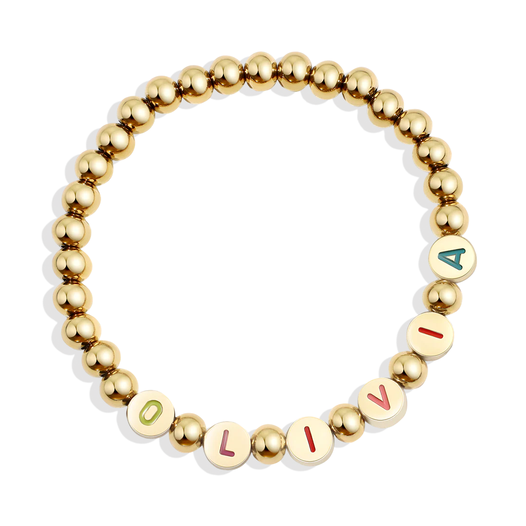 Custom Rainbow Letter Gold Disc Beaded Bracelet - Image 7