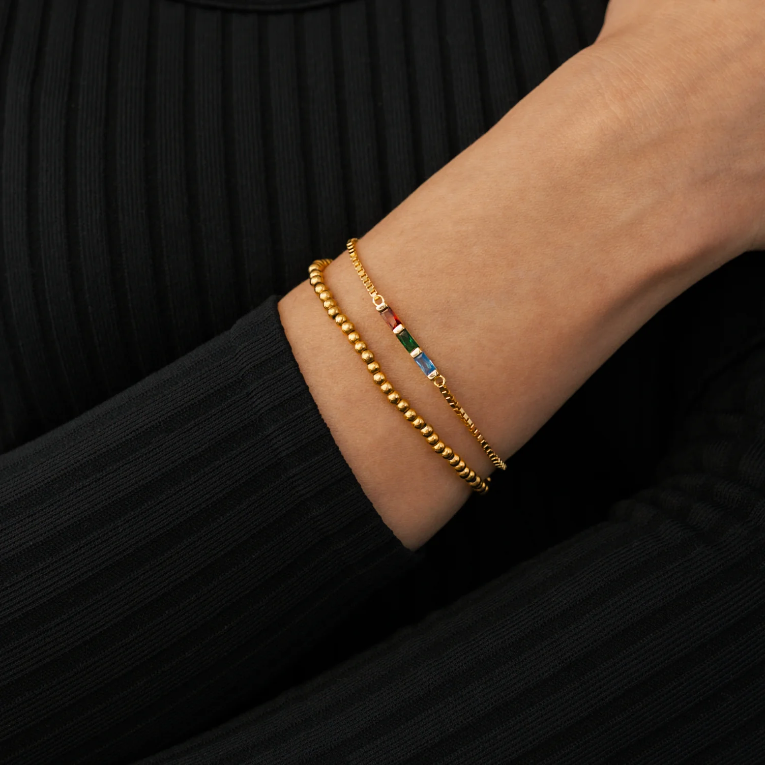 Dainty Baguette Birthstone Bracelet and Beaded Stacking Bracelet Set - Image 10