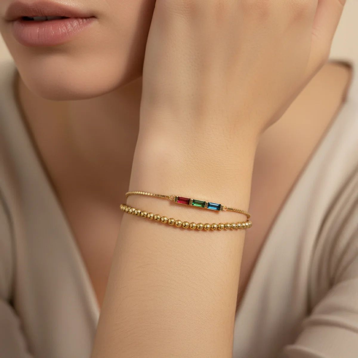 Dainty Baguette Birthstone Bracelet and Beaded Stacking Bracelet Set - Image 7