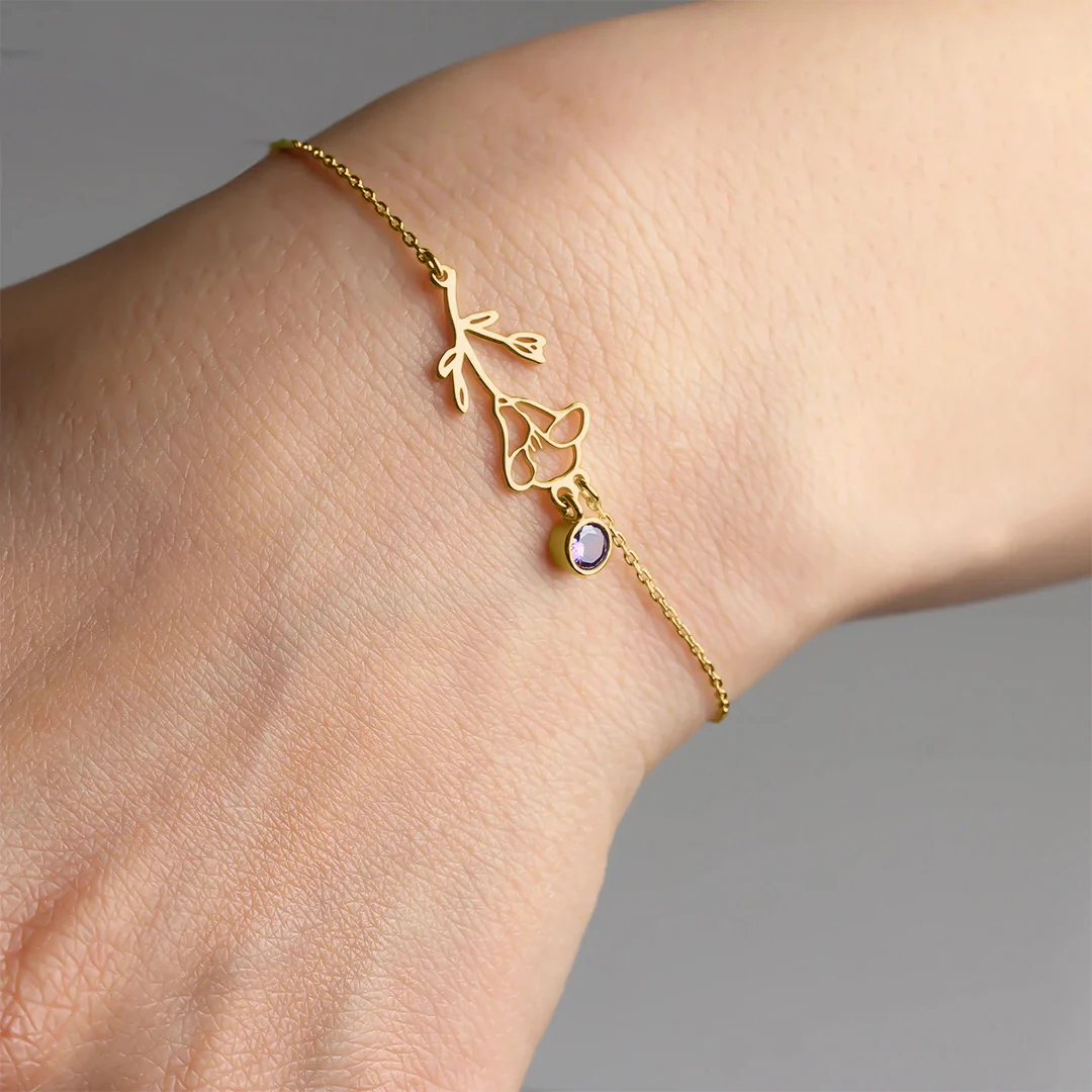 Dainty Birth Flower Bracelet with Birthstone Charm - Image 22