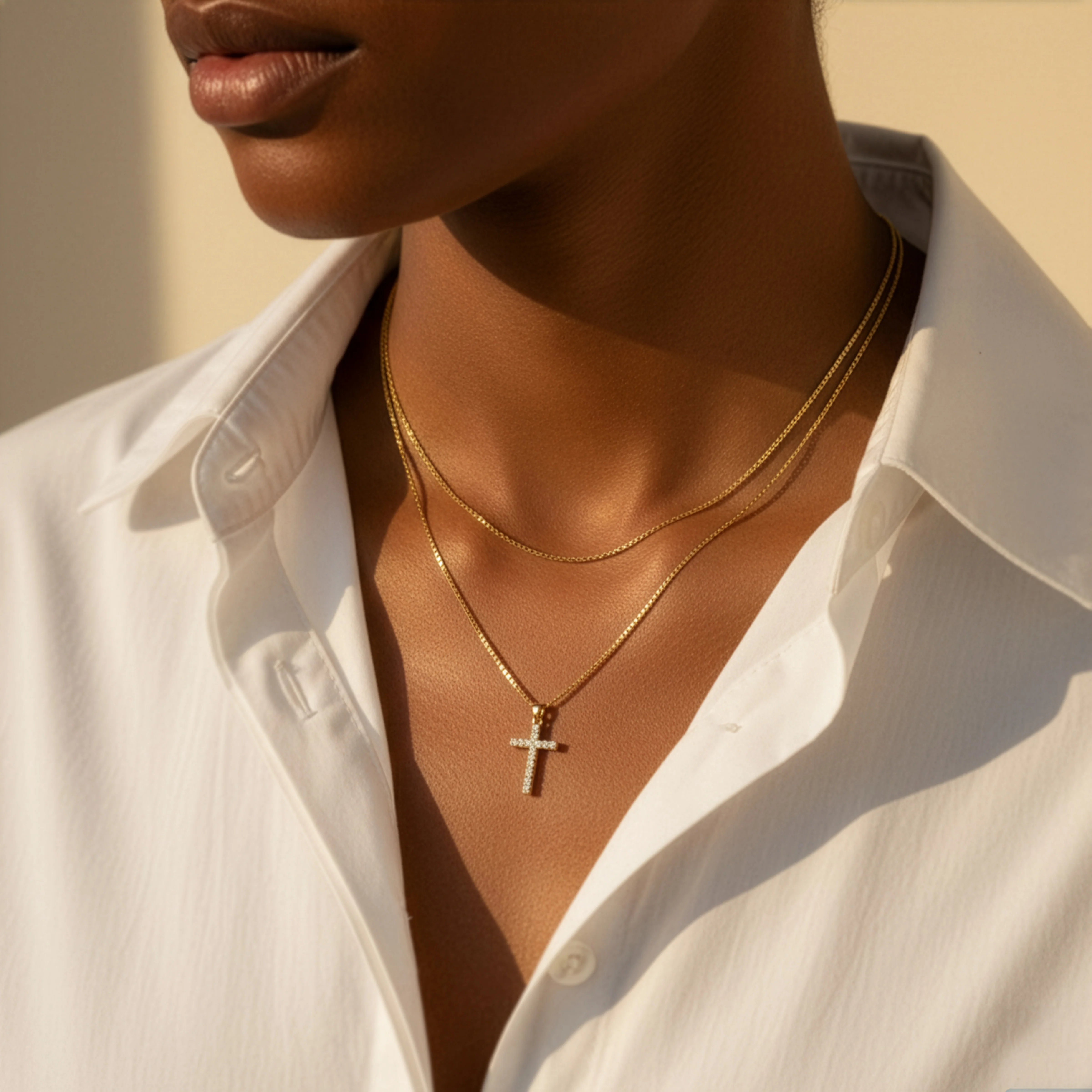 Dainty Cable Necklace with Pave Cross Chain Necklace Stacking Set - Image 3