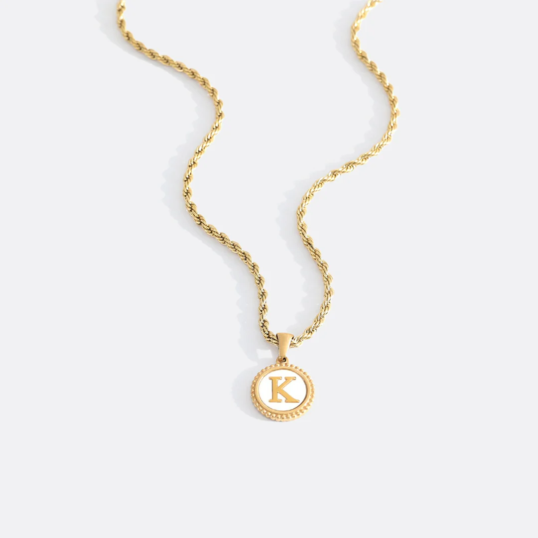 Mother of Pearl Disc Letter Necklace with Rope Chain - Image 15