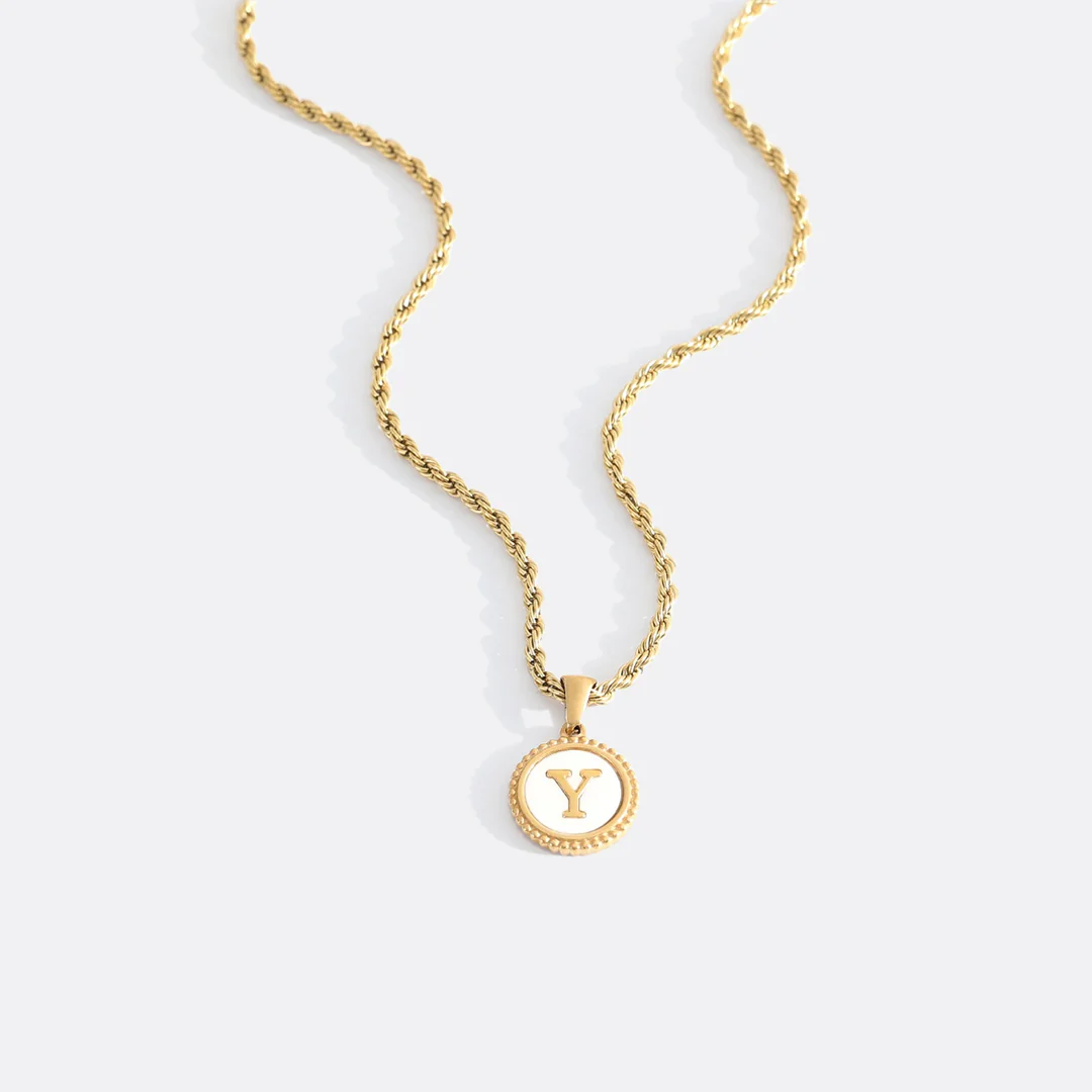 Mother of Pearl Disc Letter Necklace with Rope Chain - Image 29