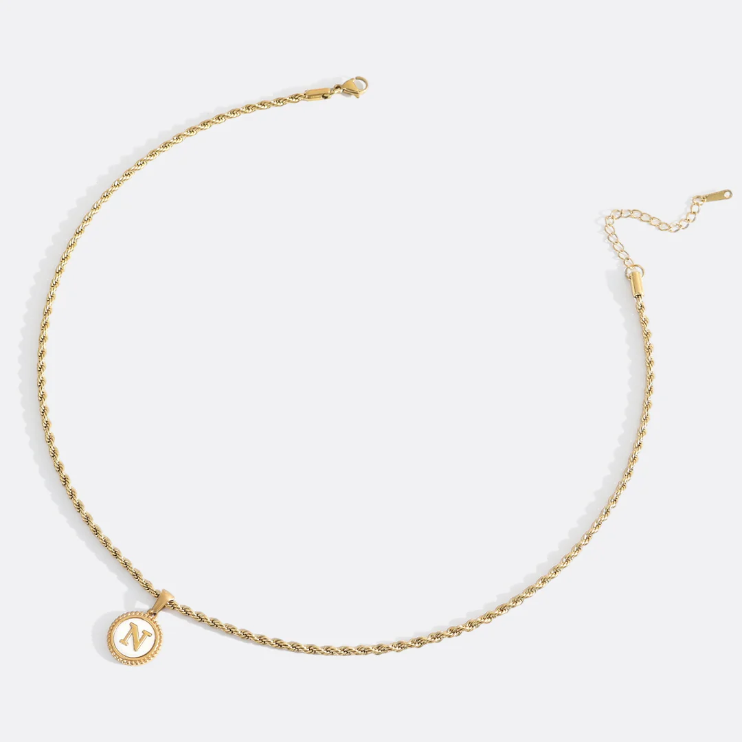 Mother of Pearl Disc Letter Necklace with Rope Chain - Image 44