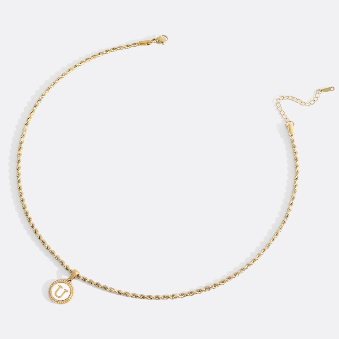 Mother of Pearl Disc Letter Necklace with Rope Chain - Image 51