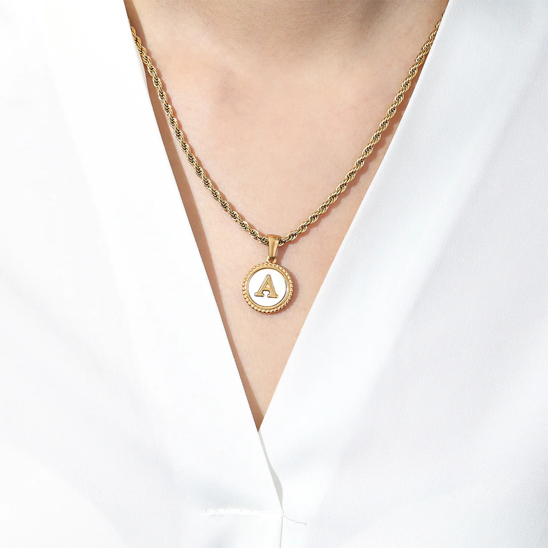 Mother of Pearl Disc Letter Necklace with Rope Chain - Image 59