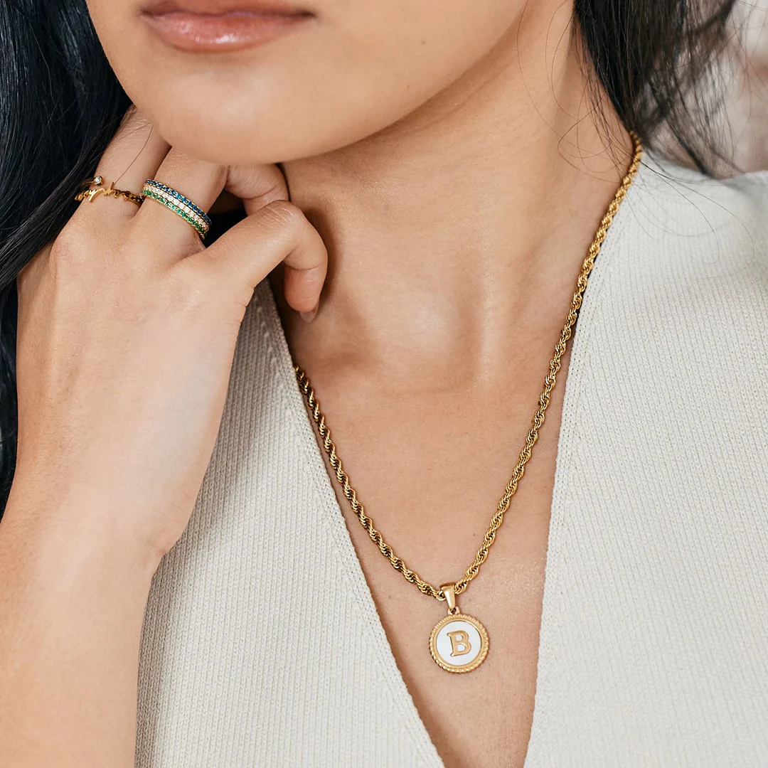 Mother of Pearl Disc Letter Necklace with Rope Chain - Image 60