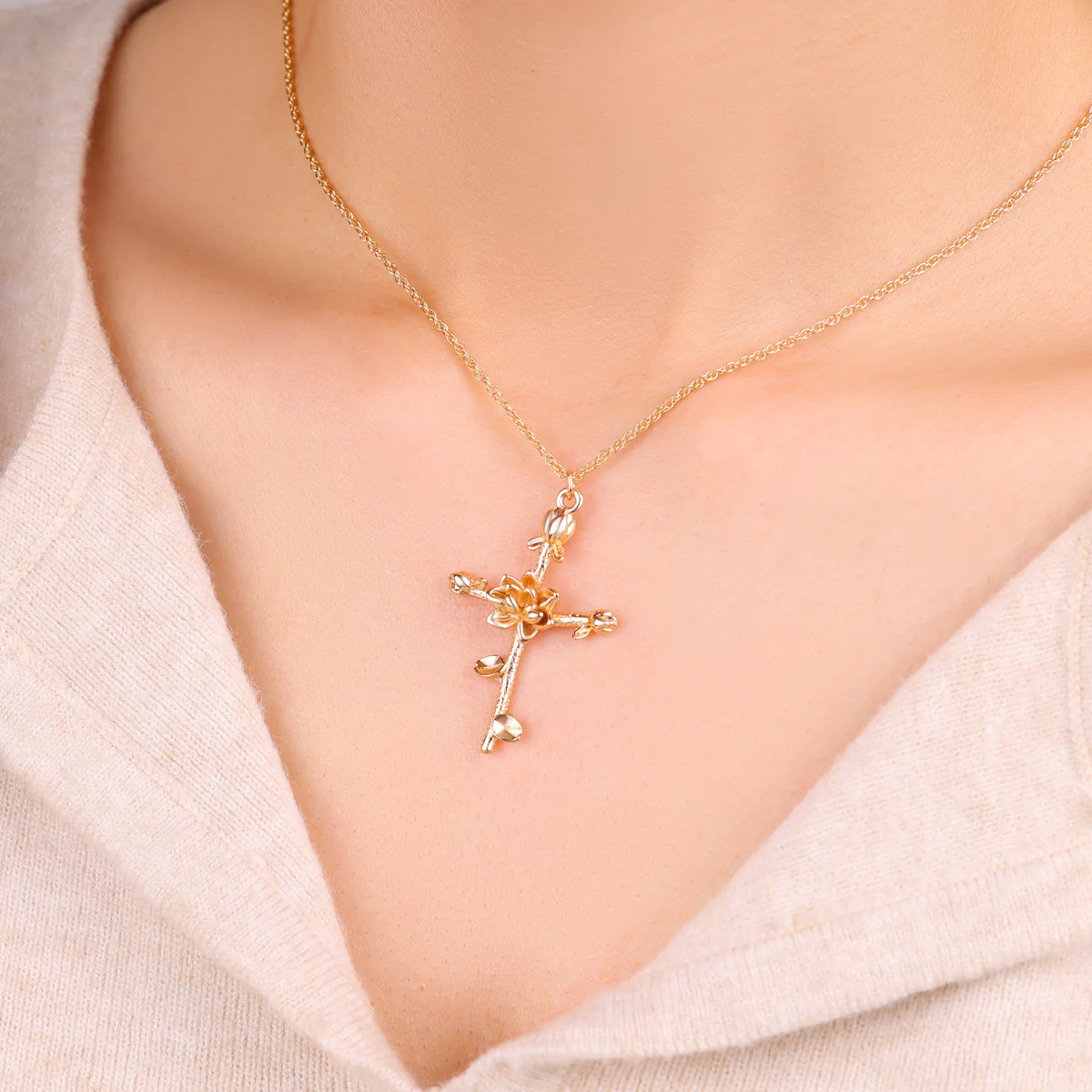 Floral Cross Pendant Necklace - Image 3