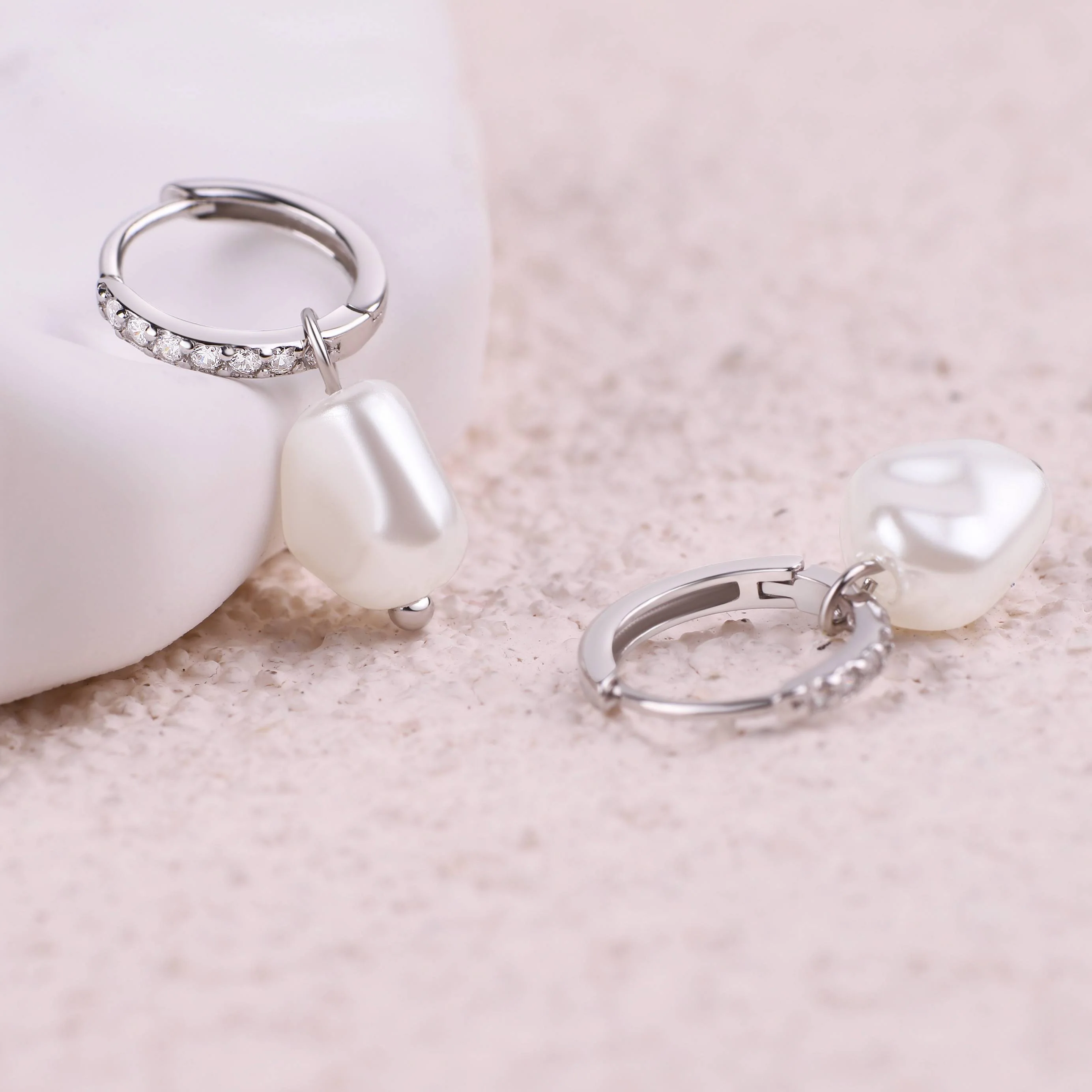 Freshwater Pearl Drop Pave Huggie Earrings - Image 11