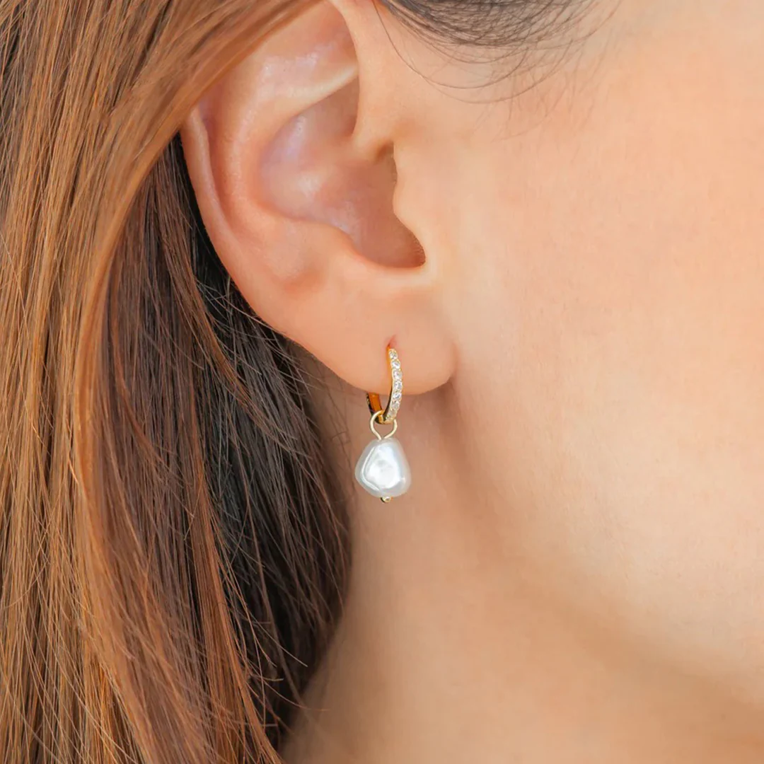 Freshwater Pearl Drop Pave Huggie Earrings - Image 22