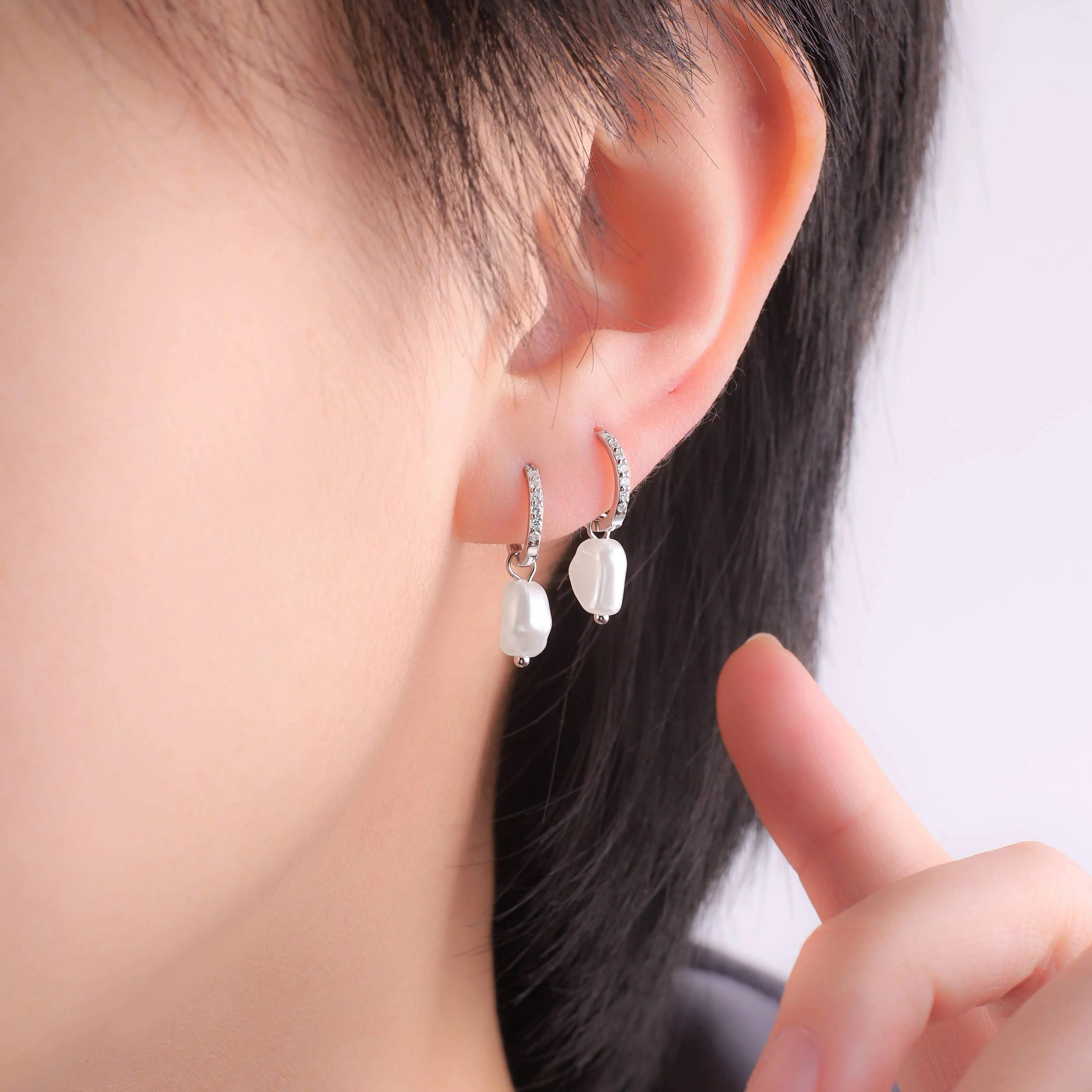 Freshwater Pearl Drop Pave Huggie Earrings - Image 5