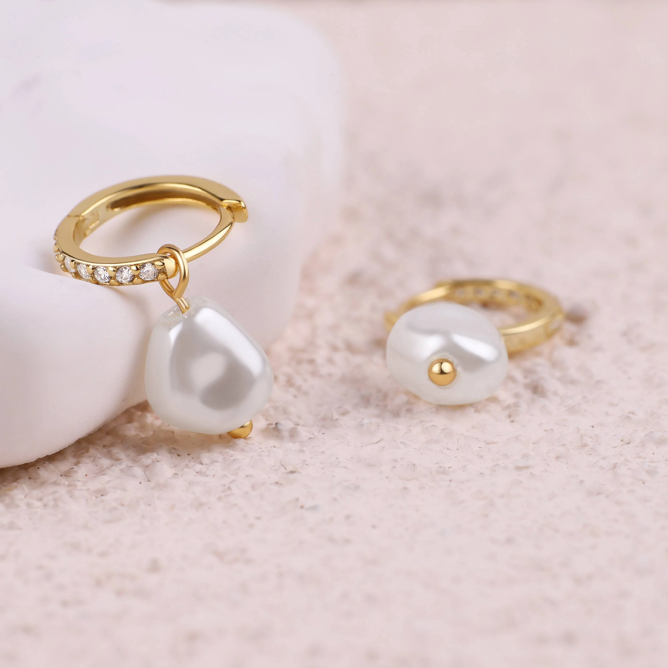 Freshwater Pearl Drop Pave Huggie Earrings - Image 8