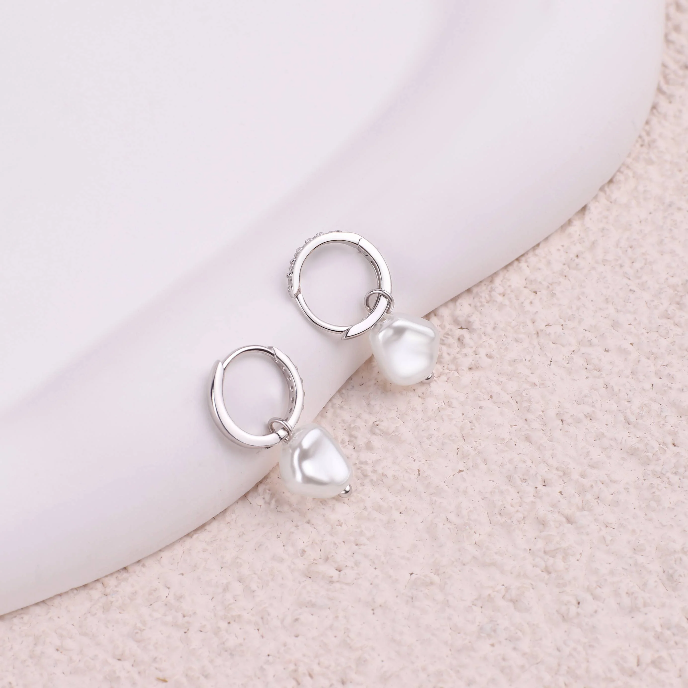 Freshwater Pearl Drop Pave Huggie Earrings - Image 9