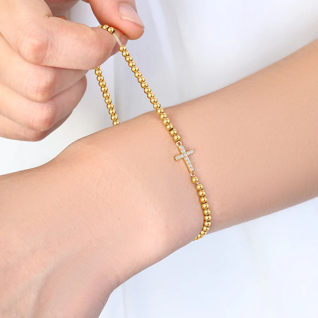Gold Beaded Cross Stretch Bracelet - Image 15