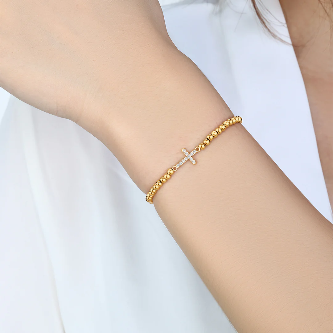 Gold Beaded Cross Stretch Bracelet - Image 16