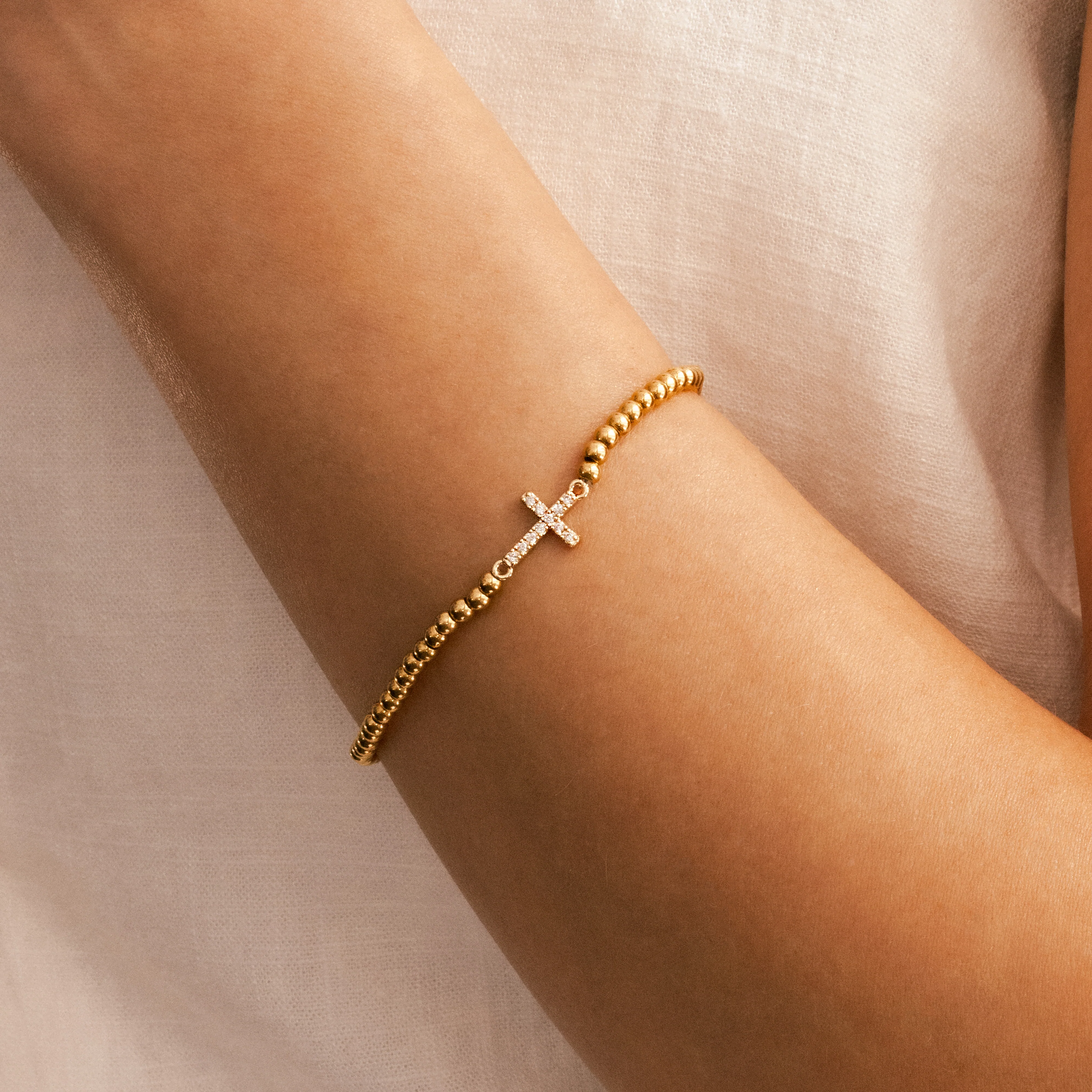 Gold Beaded Cross Stretch Bracelet - Image 3