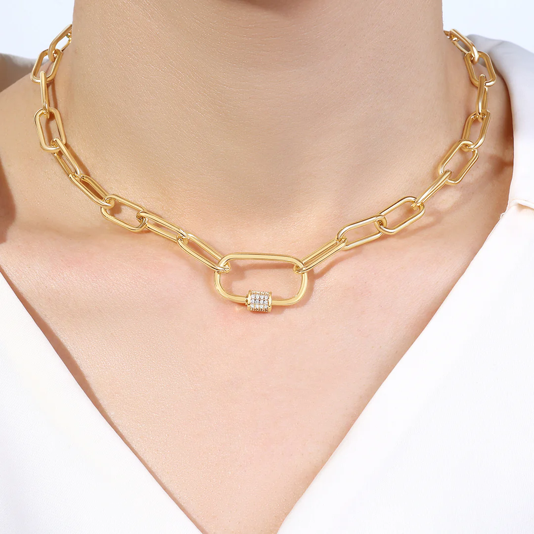 Link Chain Necklace with Pave Carabiner Clasp - Image 4