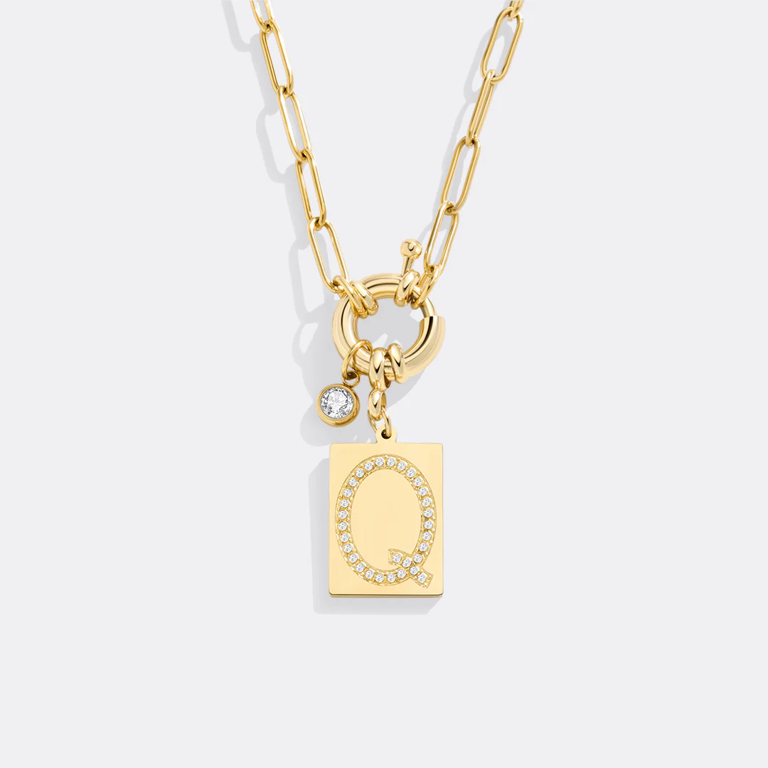 Gold Pave Initial Pendant Necklace with Paperclip Chain - Image 13