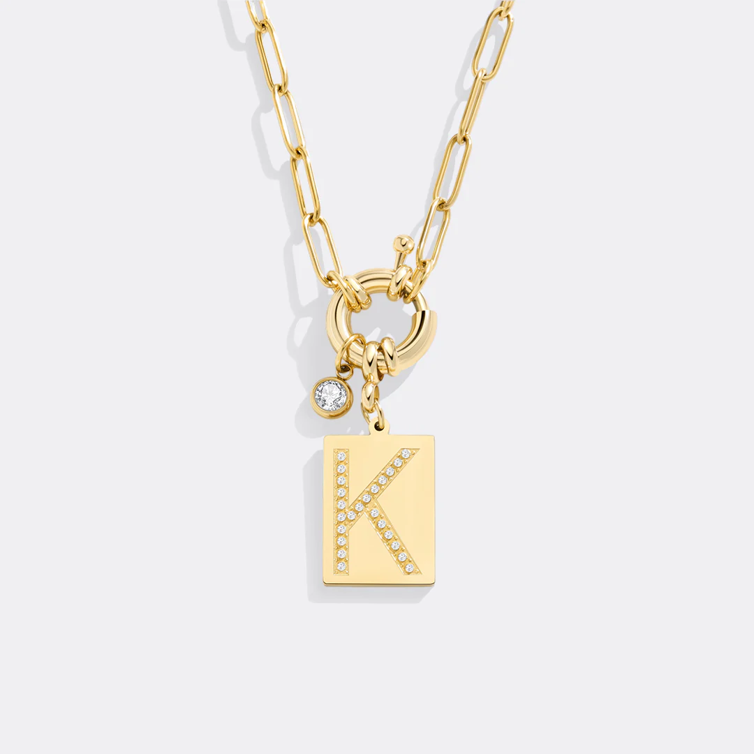 Gold Pave Initial Pendant Necklace with Paperclip Chain - Image 14