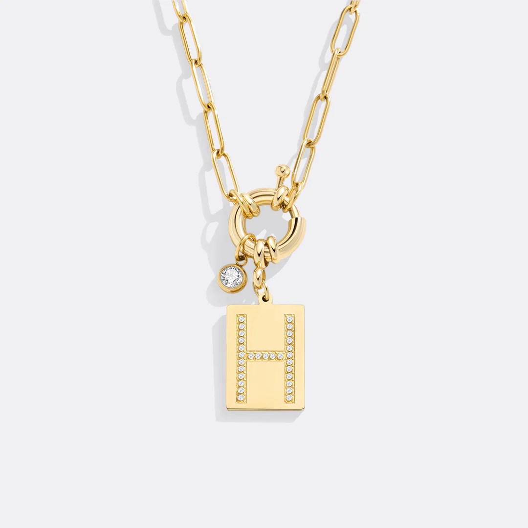 Gold Pave Initial Pendant Necklace with Paperclip Chain - Image 15