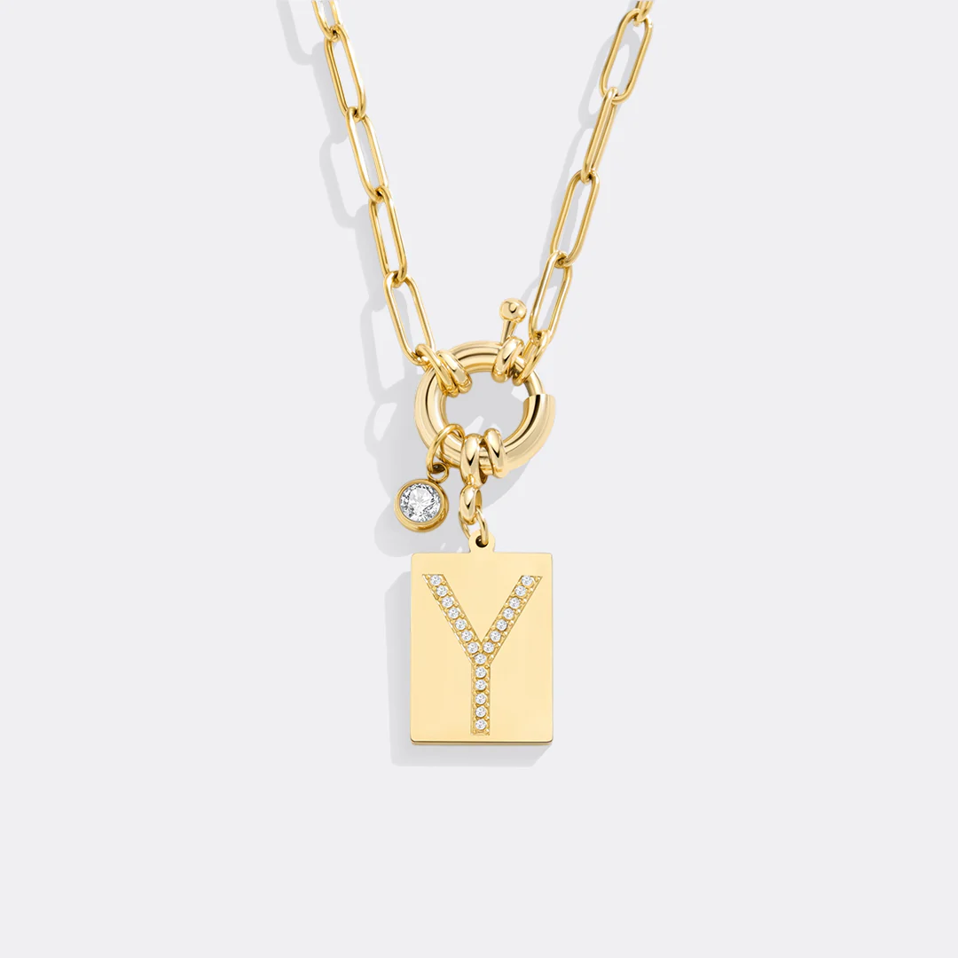 Gold Pave Initial Pendant Necklace with Paperclip Chain - Image 16
