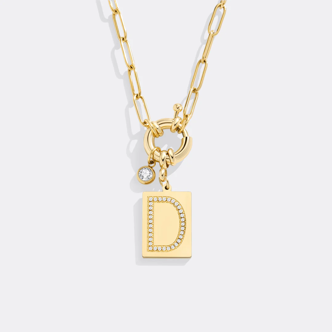 Gold Pave Initial Pendant Necklace with Paperclip Chain - Image 17