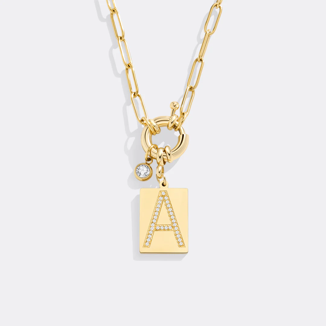 Gold Pave Initial Pendant Necklace with Paperclip Chain - Image 18