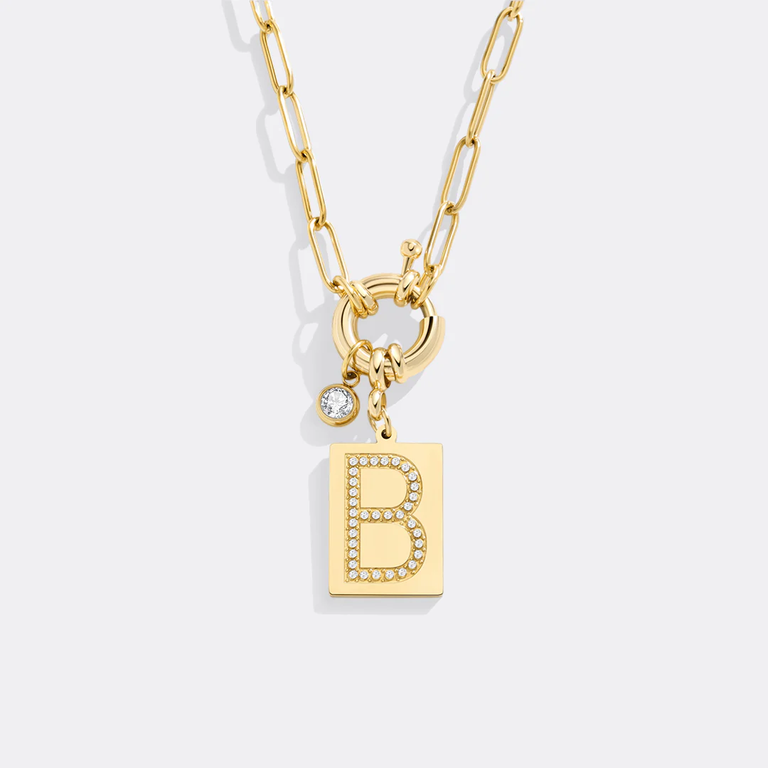 Gold Pave Initial Pendant Necklace with Paperclip Chain - Image 19