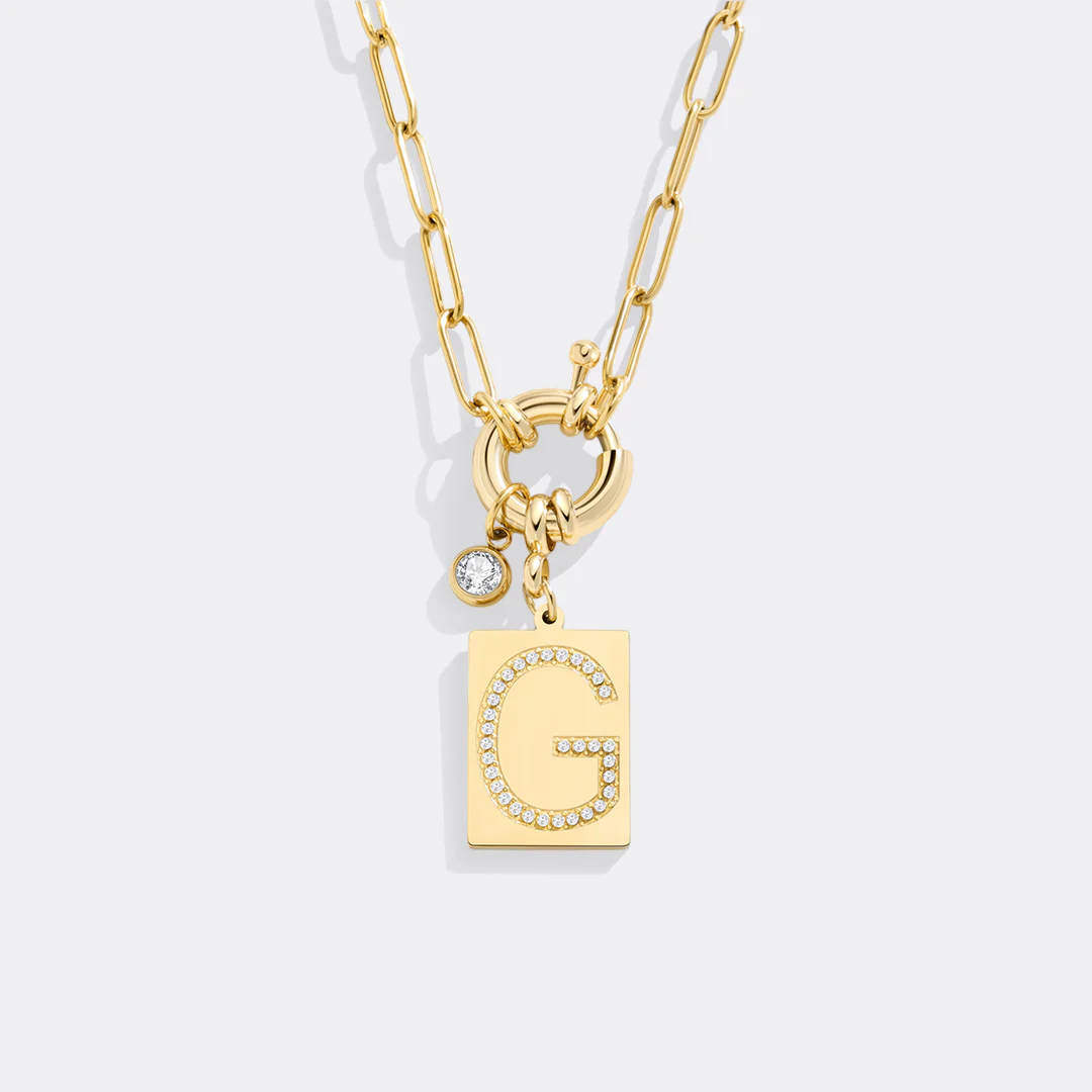 Gold Pave Initial Pendant Necklace with Paperclip Chain - Image 22