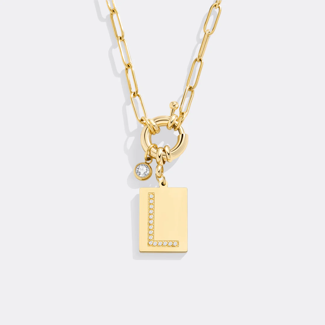 Gold Pave Initial Pendant Necklace with Paperclip Chain - Image 25