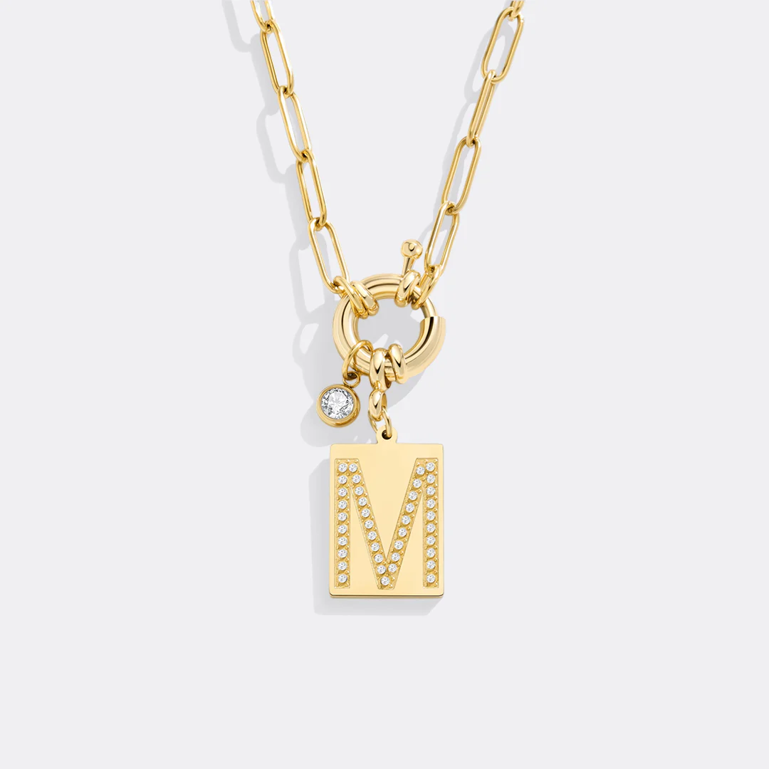 Gold Pave Initial Pendant Necklace with Paperclip Chain - Image 26