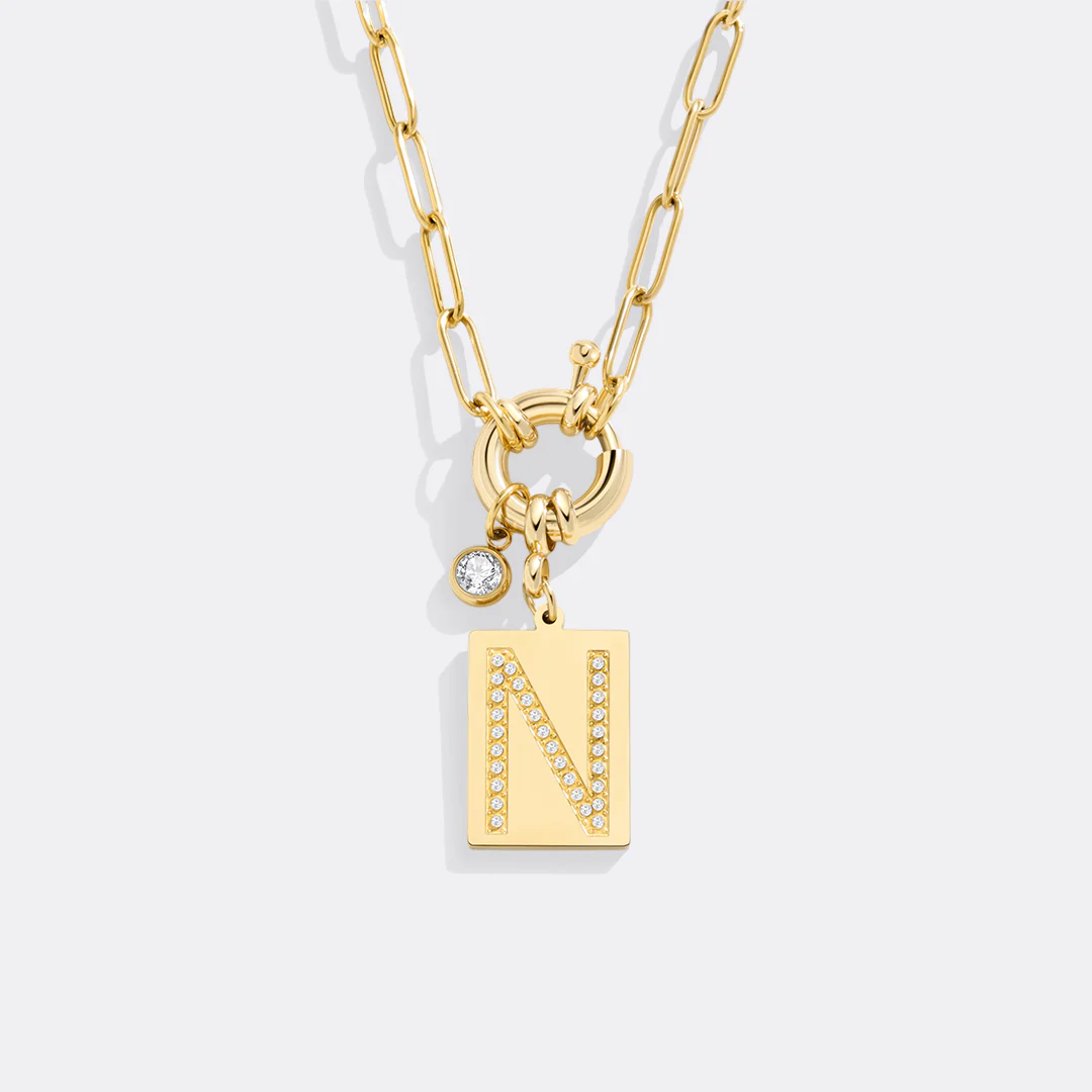 Gold Pave Initial Pendant Necklace with Paperclip Chain - Image 27