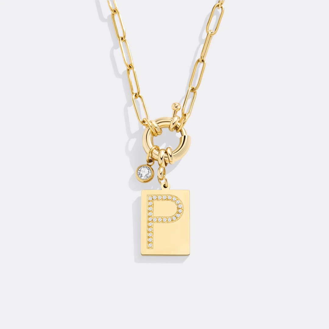 Gold Pave Initial Pendant Necklace with Paperclip Chain - Image 28