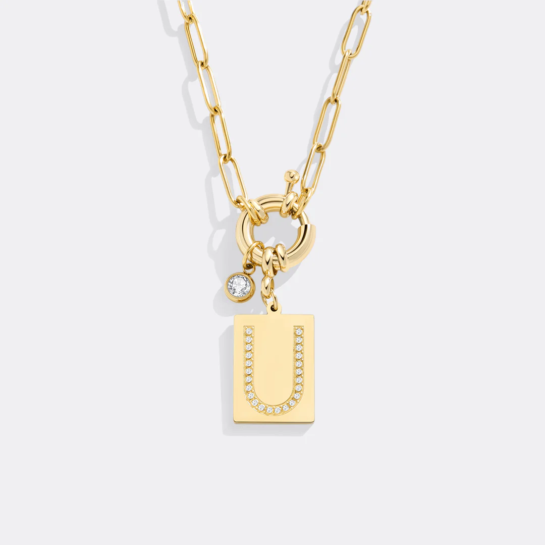 Gold Pave Initial Pendant Necklace with Paperclip Chain - Image 31