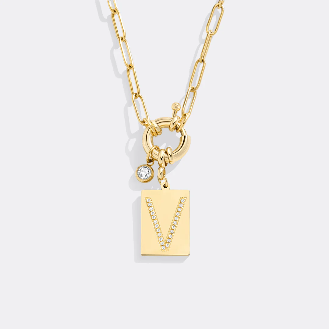 Gold Pave Initial Pendant Necklace with Paperclip Chain - Image 32