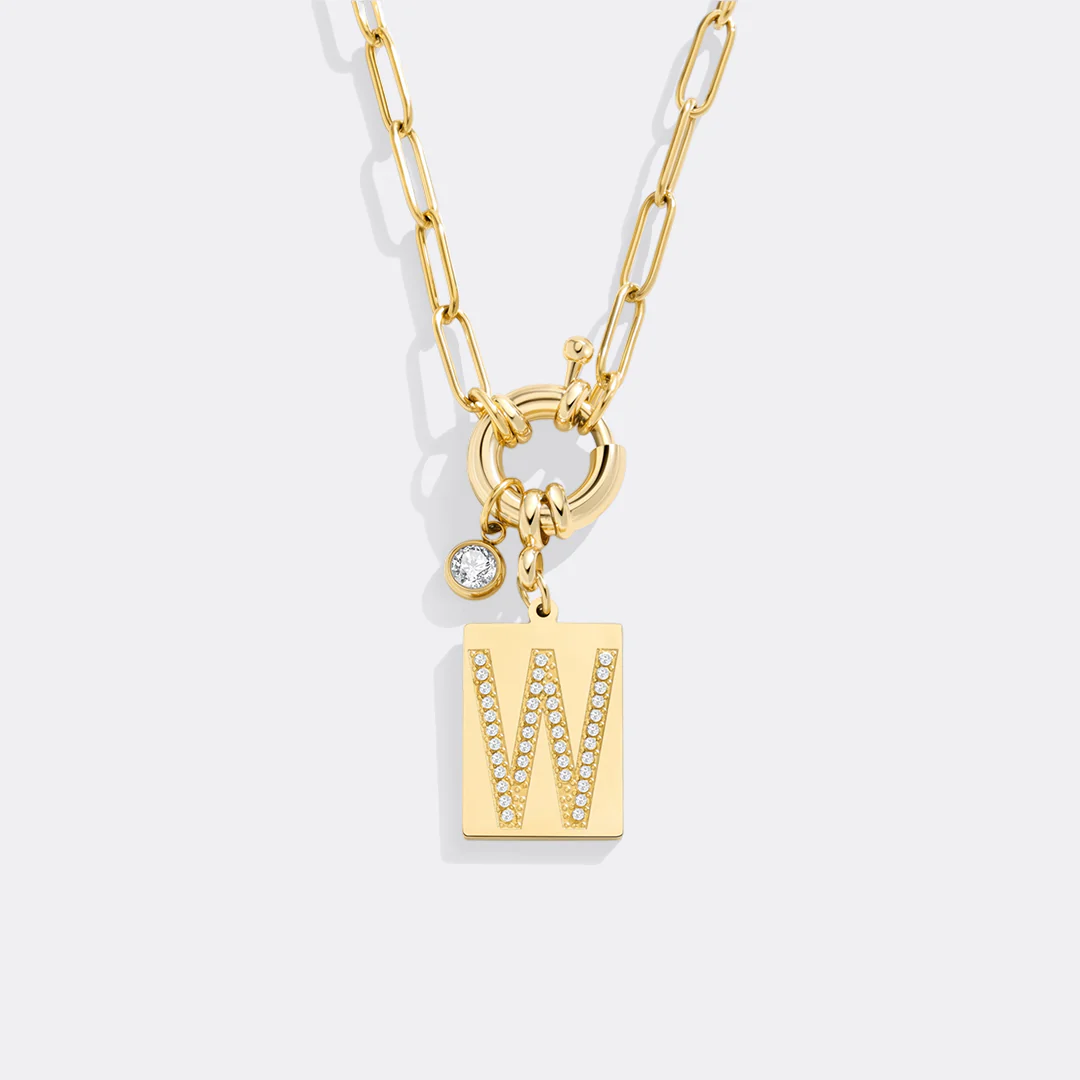 Gold Pave Initial Pendant Necklace with Paperclip Chain - Image 33