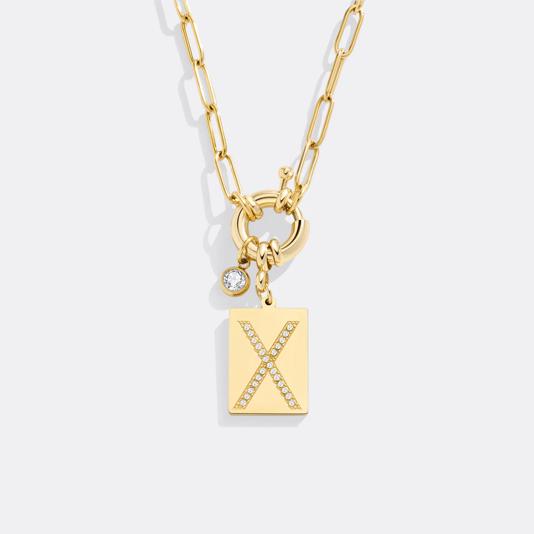 Gold Pave Initial Pendant Necklace with Paperclip Chain - Image 34