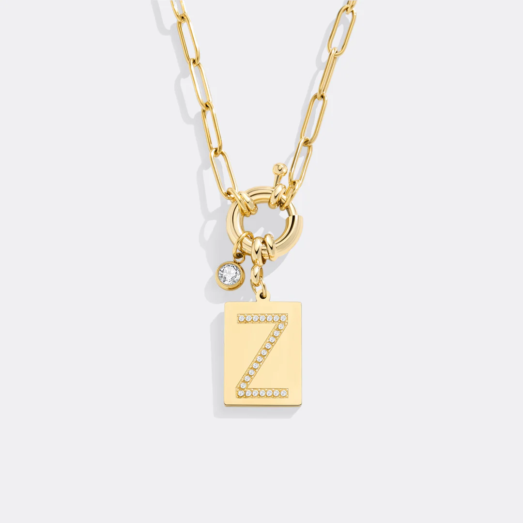 Gold Pave Initial Pendant Necklace with Paperclip Chain - Image 35