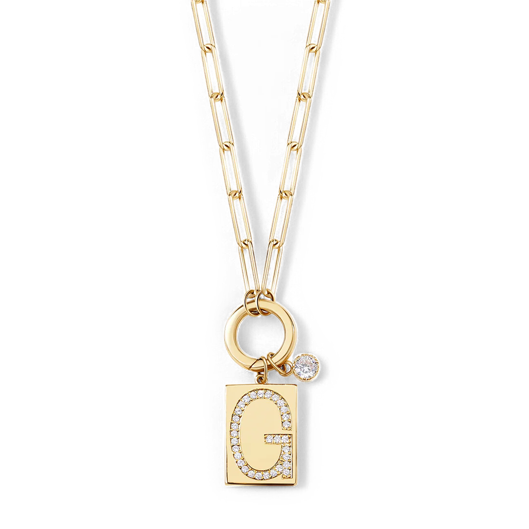 Gold Pave Initial Pendant Necklace with Paperclip Chain - Image 6